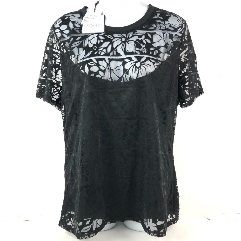 New Laundry Shelli Segal Large Size L Top Black Floral Print Burn Out Crew Blous